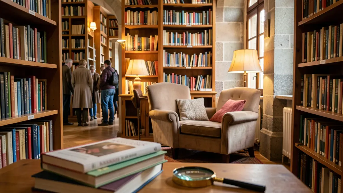 Imaxe xenérica dun interior de biblioteca con andeis cheos de libros e unha zona de lectura acolledora.