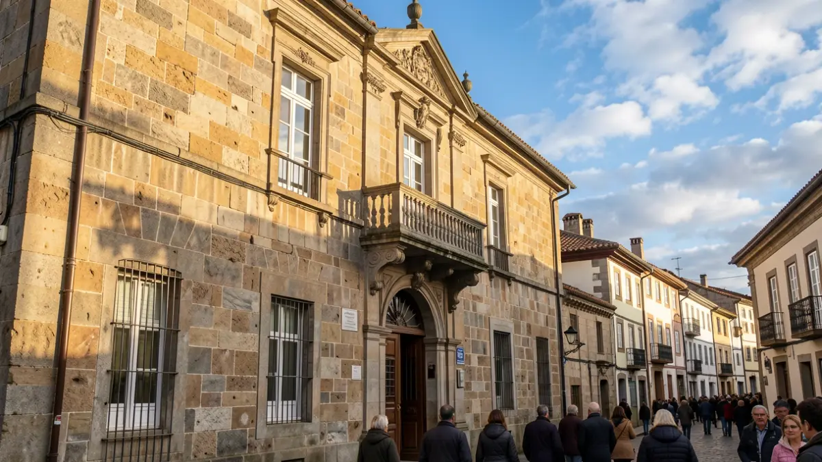 Imaxe xenérica de fachada dun concello galego de pedra con balcón ornamentado.