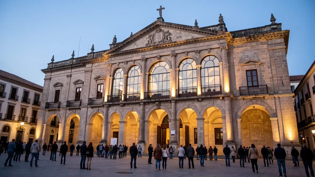 Fachada del antiguo edificio de los Juzgados de la Praza da Inmaculada en Tui, con arcos de piedra y galería acristalada, iluminada por la noche.