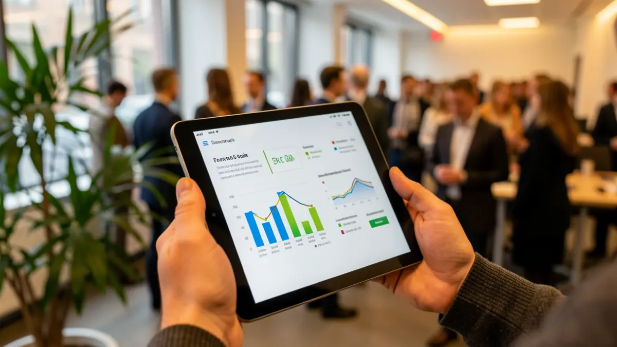 Primer plano de una mano sosteniendo una tablet con gráficos de eficiencia energética, fondo de oficina y planta verde, luz cálida.