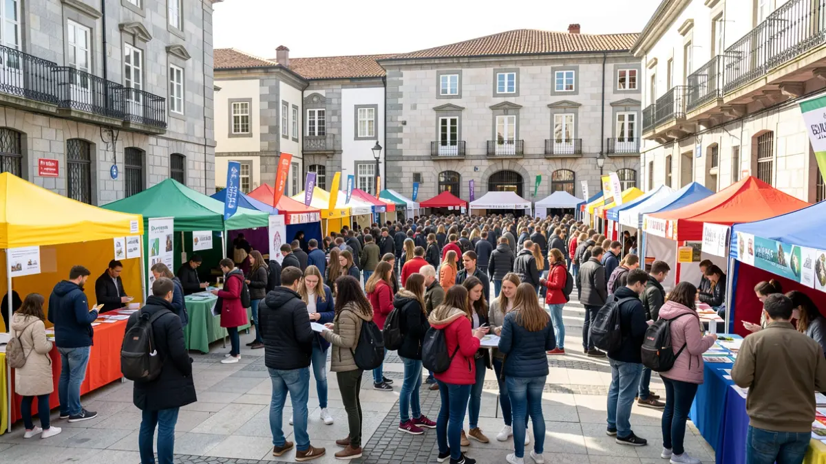 Imagen de una plaza universitaria en Galicia con muchos puestos y estudiantes.