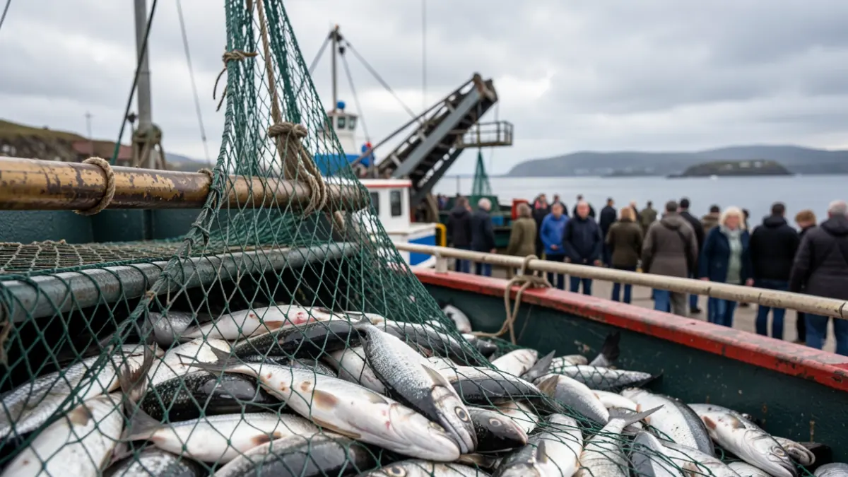 Imagen de una red de pesca con pescado fresco y equipo de procesamiento industrial al fondo.