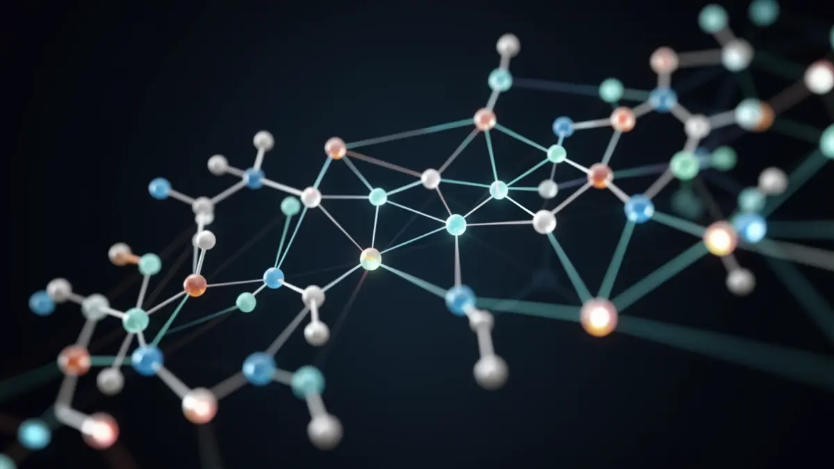 Imaxe xenérica de colaboración científica con estruturas moleculares e nodos brillantes.