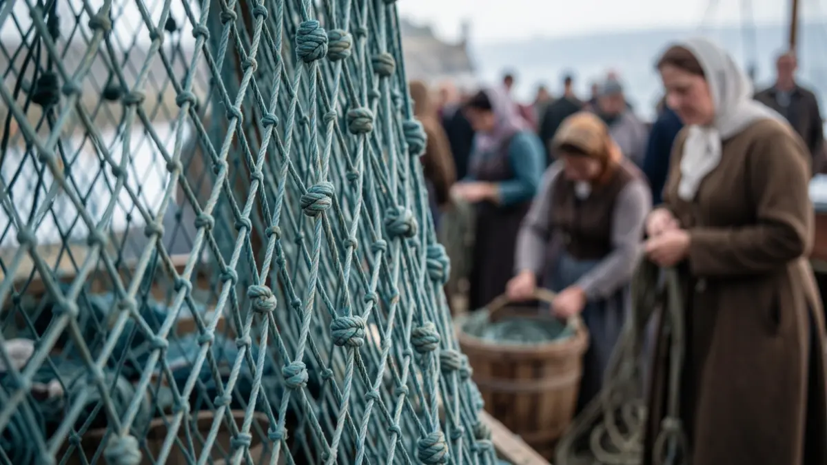 Primeiro plano dunha rede de pesca con nós intrincados, iluminada por unha luz suave e difusa, evocando o mar e a artesanía tradicional. Ao fondo, figuras borrosas de mulleres traballando.