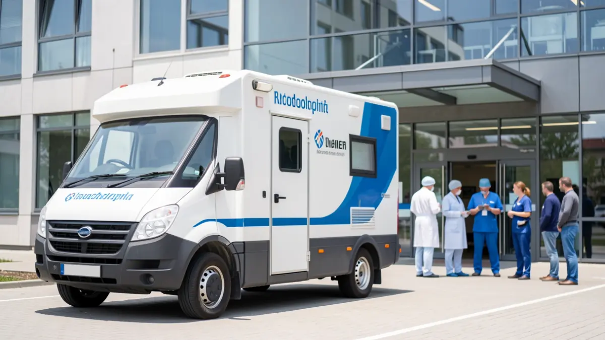 Unidade móbil de doazón de sangue diante do Hospital Álvaro Cunqueiro.