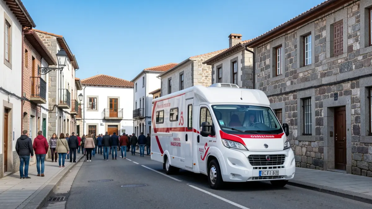 Unidade móbil de doazón de sangue estacionada nunha rúa de Narón, Galicia.