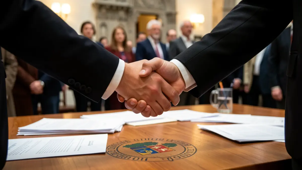 Imagen genérica de dos manos estrechándose sobre una mesa de despacho con documentos desenfocados.