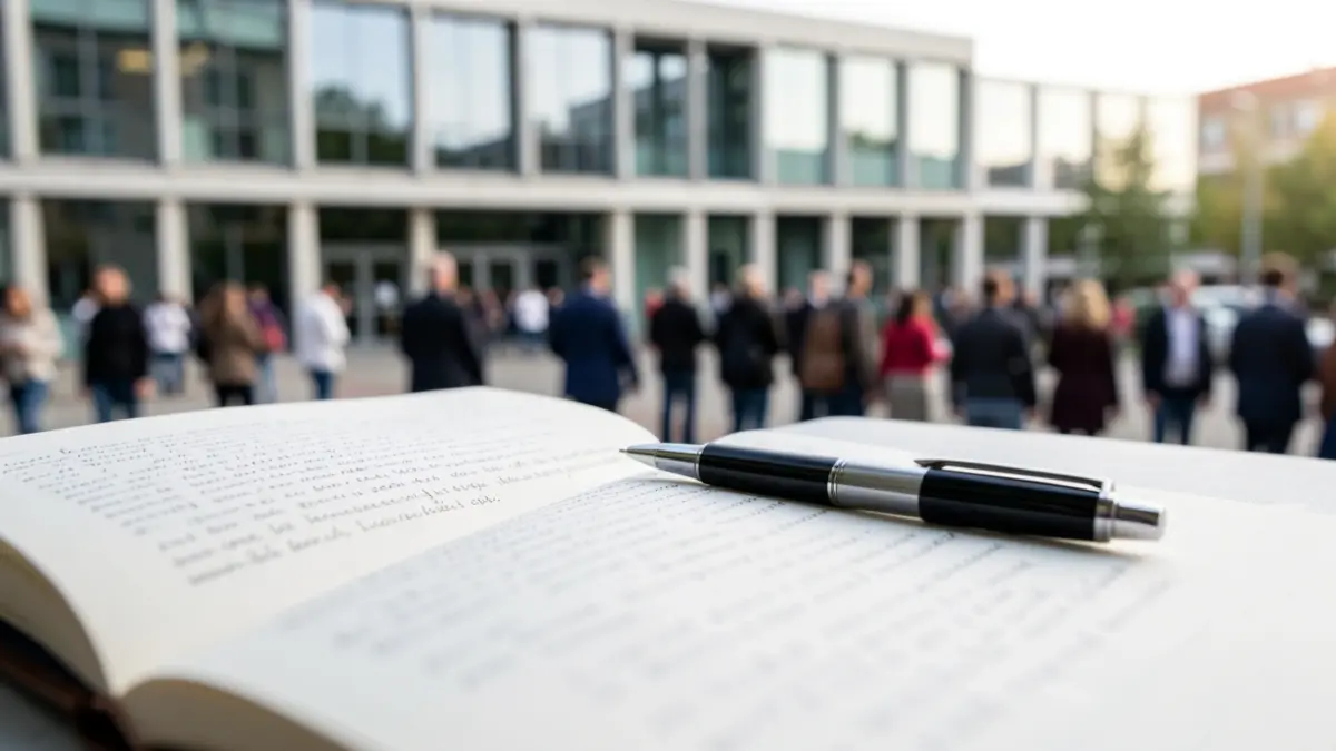 Imagen genérica de un cuaderno abierto con un bolígrafo y un edificio universitario al fondo.