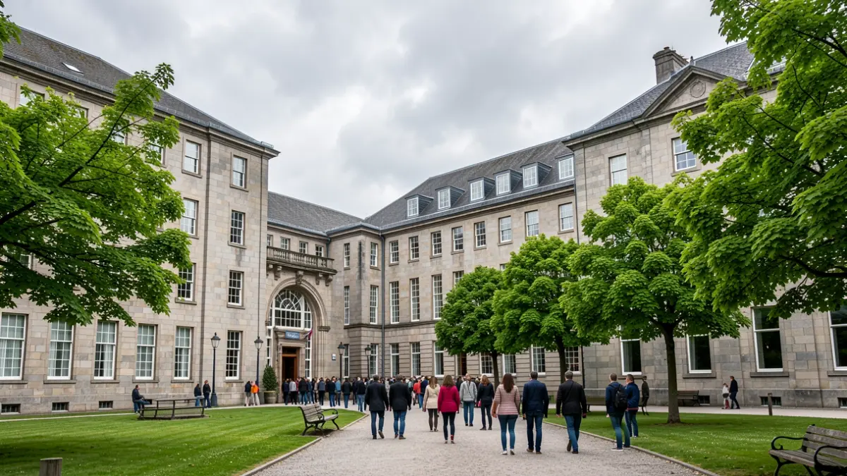Imaxe xenérica dun campus universitario galego con arquitectura de granito e árbores verdes.