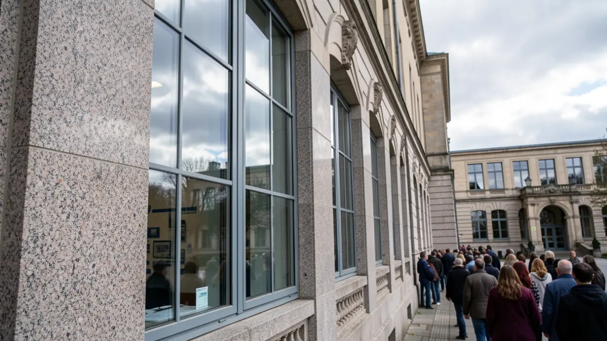 Imaxe xenérica dun edificio universitario de granito con fiestras baixo un ceo nubrado.