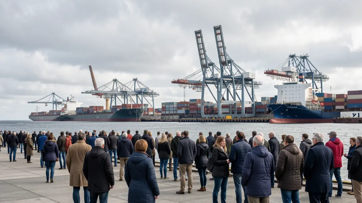 Imagen genérica de un puerto moderno con grúas y barcos bajo un cielo nublado.
