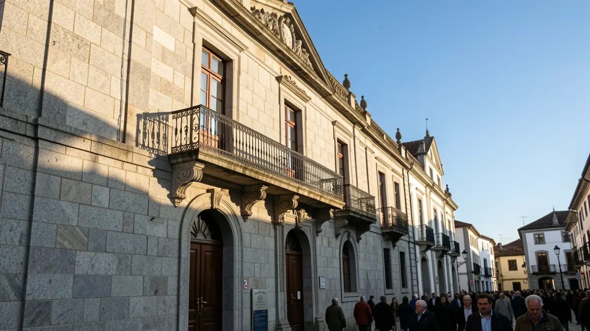 Imaxe xenérica dunha casa consistorial galega de pedra con balcón ornamentado e reixas de ferro, baixo a luz do sol da tarde.