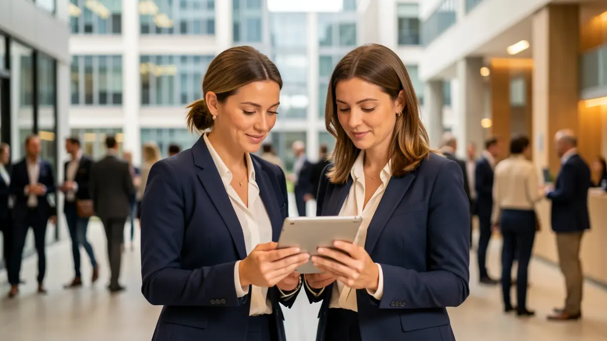 Imagen genérica de dos mujeres en traje profesional mirando una tableta en una oficina moderna.