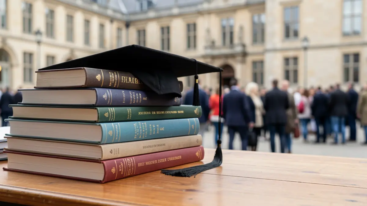 Imaxe dun birrete e libros académicos sobre unha mesa de madeira.