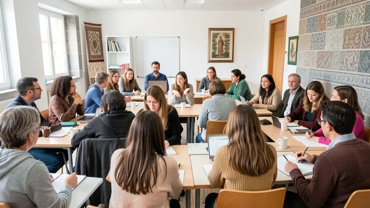 Imagen genérica de personas participando en una clase de lengua gallega en un aula moderna en Galicia.