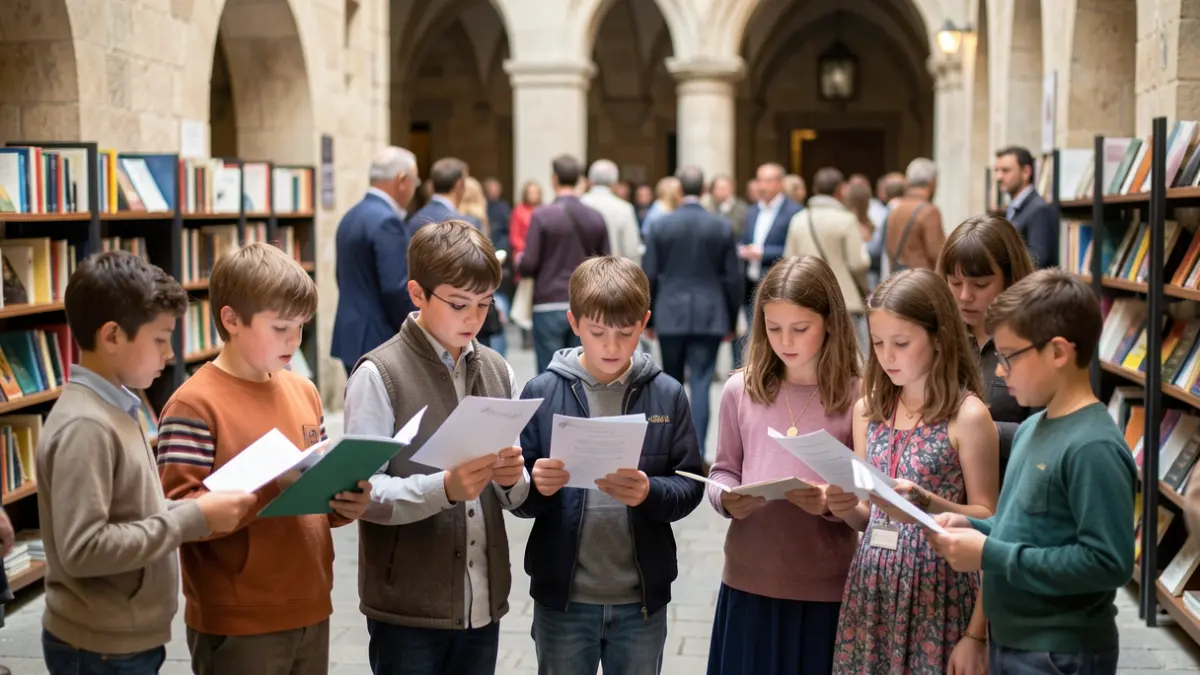 Imagen de un grupo de jóvenes recitando poesía en un histórico soportal de piedra con libros expuestos al fondo.