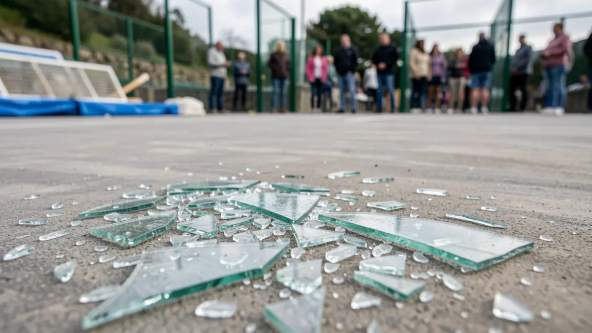 Imaxe de cristais rotos nunha pista de pádel de nova construción en Galicia.