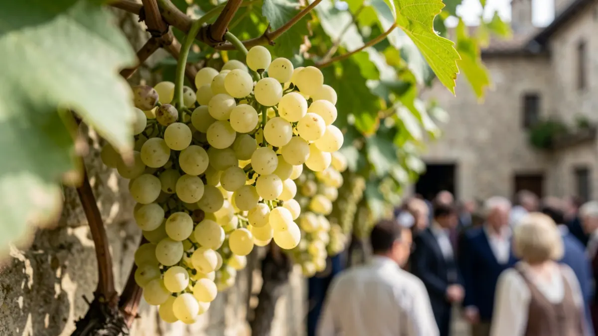 Primeira imaxe de uvas brancas maduras nunha vide, con follas verdes e un muro de pedra rústico ao fondo.