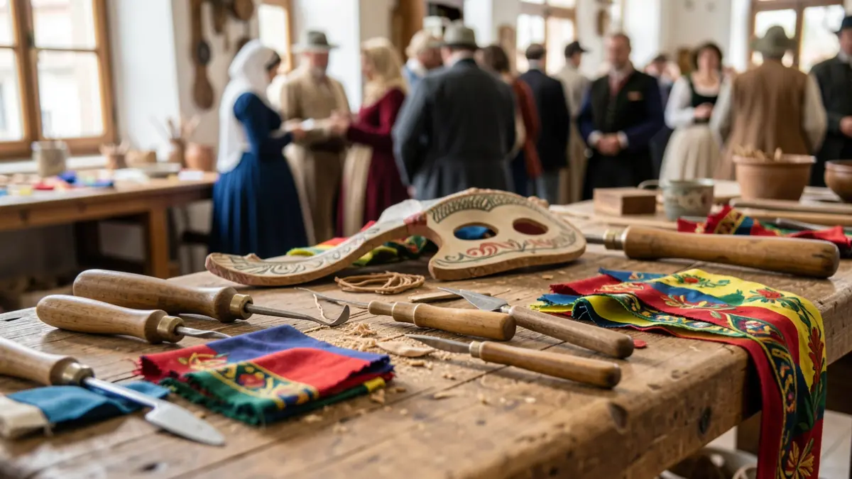 Imaxe dun obradoiro artesanal de máscaras tradicionais do Entroido.