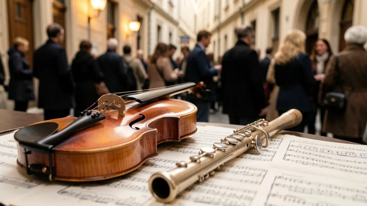 Imaxe de instrumentos musicais, frauta e violín, sobre partituras.