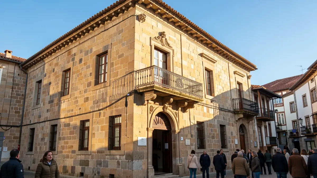 Imagen genérica de un ayuntamiento de piedra gallego con balcón ornamentado y barandillas de hierro, a la luz de la tarde.