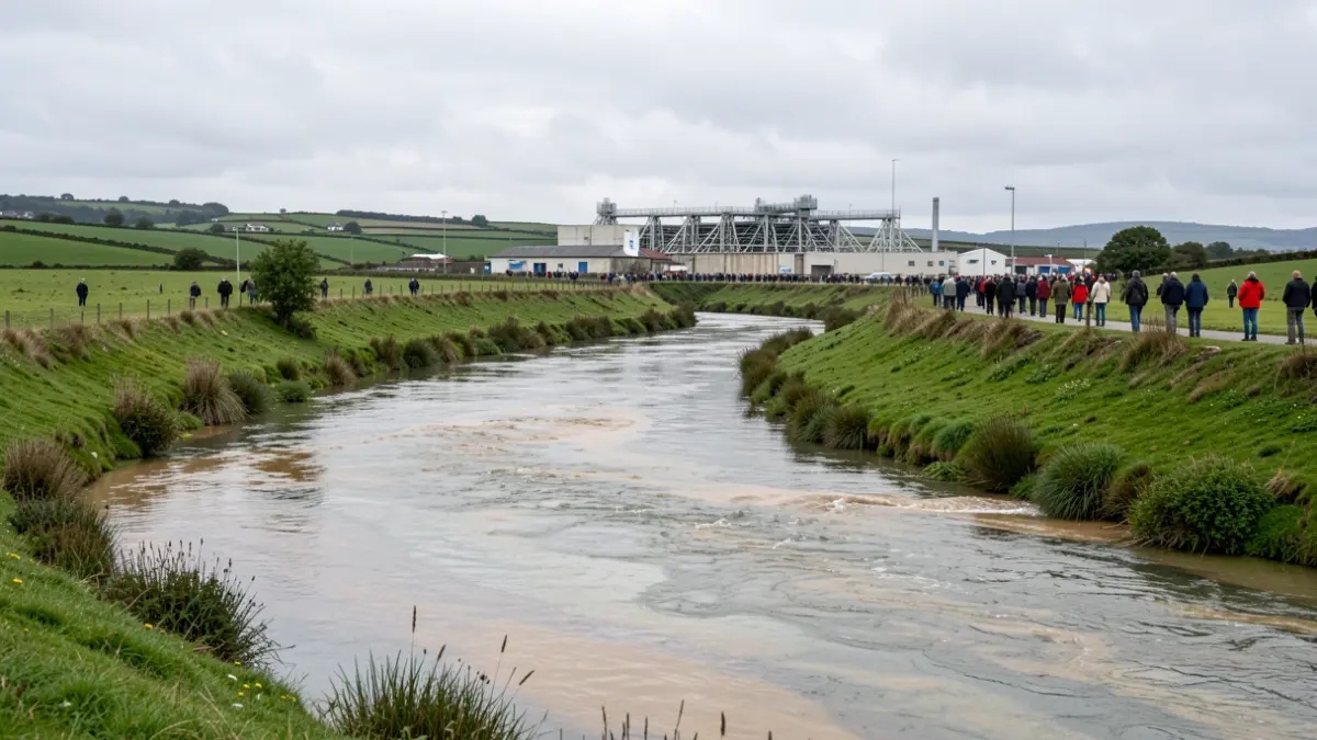 Imagen genérica de un río gallego con signos de contaminación y una planta de tratamiento de agua al fondo.