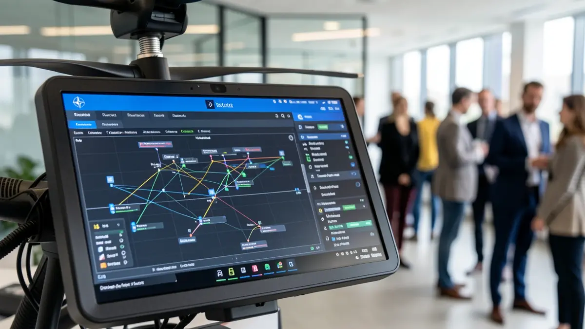 Imaxe dunha interface de xestión de drones cunha estética tecnolóxica avanzada.