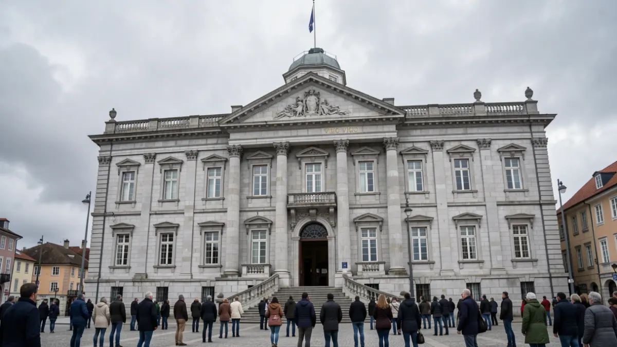 Imagen genérica del Ayuntamiento de Vigo, un edificio de granito bajo un cielo nublado.