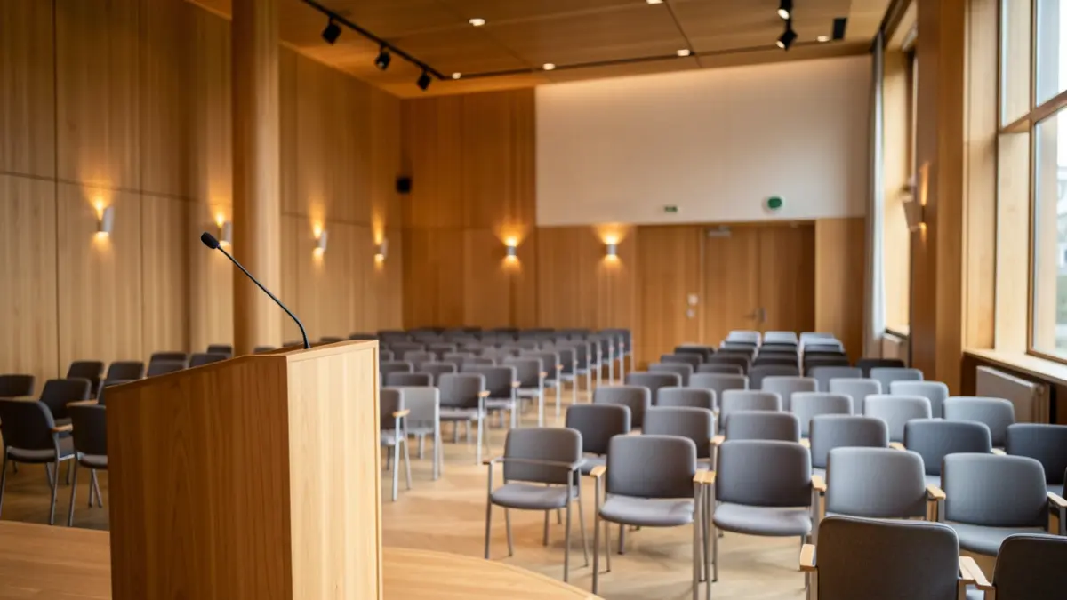 Imaxe dunha sala de conferencias moderna nun edificio institucional de Vigo.