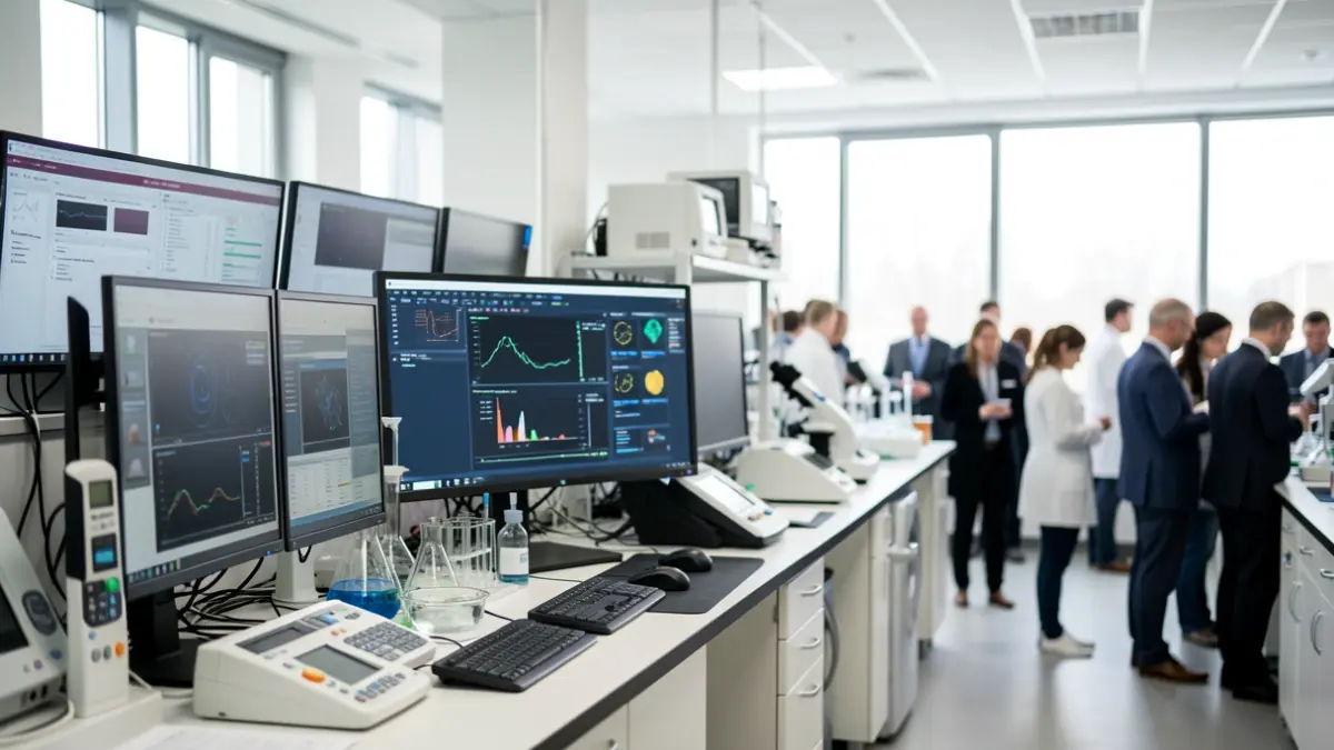 Imagen genérica de un laboratorio de ingeniería biomédica con equipamiento tecnológico.