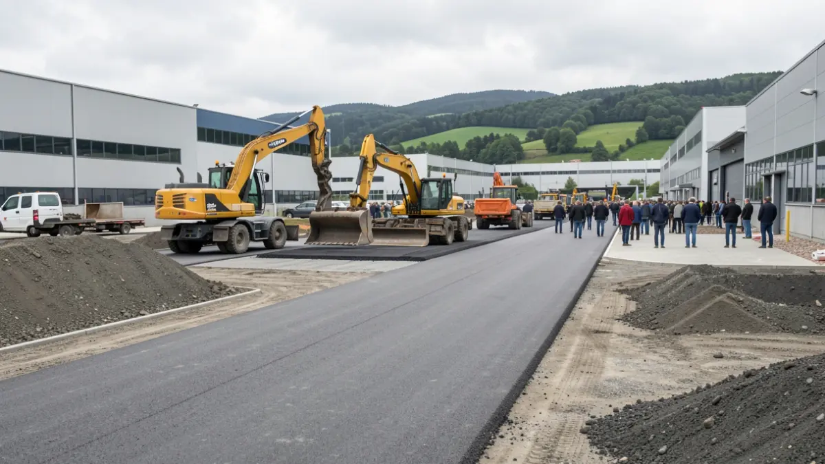 Obras de mejora en el firme de una carretera en un polígono industrial.