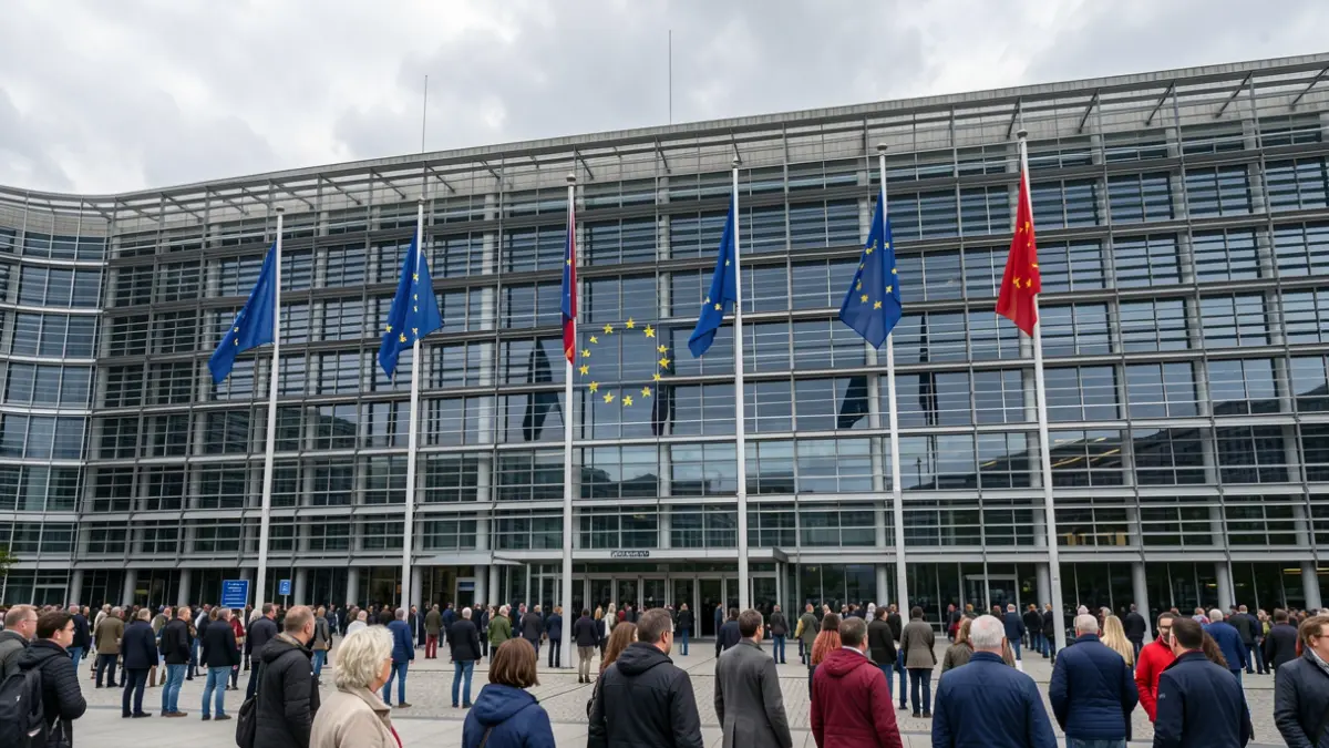 Fachada do Parlamento Europeo en Bruxelas con bandeiras da UE.