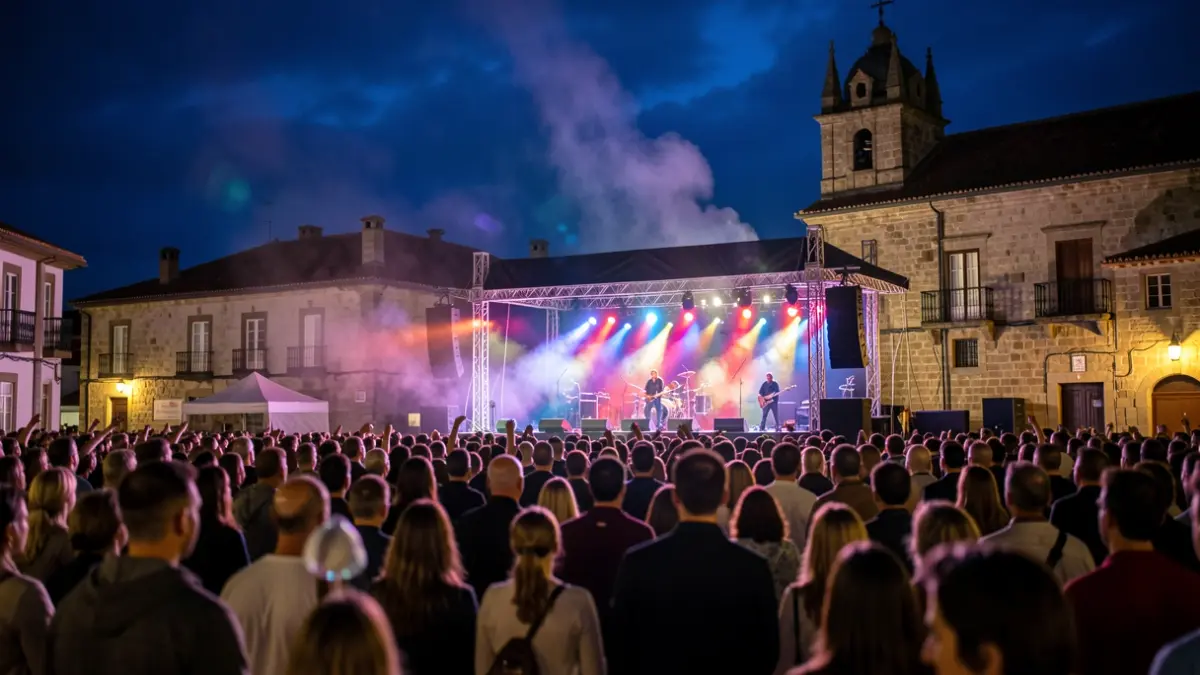 Imagen genérica de un festival de música nocturno en Galicia con luces y público.
