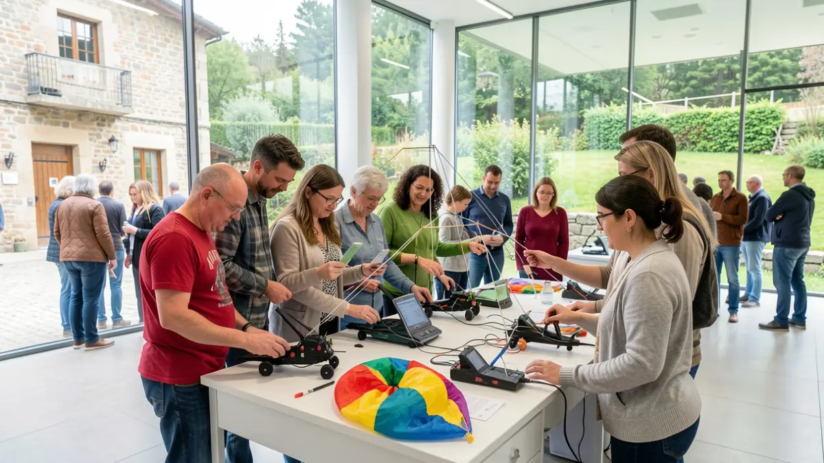 Imaxe dun grupo diverso de persoas participando en actividades científicas interactivas, incluíndo simuladores de voo e construción de paracaídas.