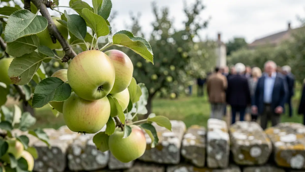 Mazás de sidra maduras nunha rúa galega con elementos de pedra.