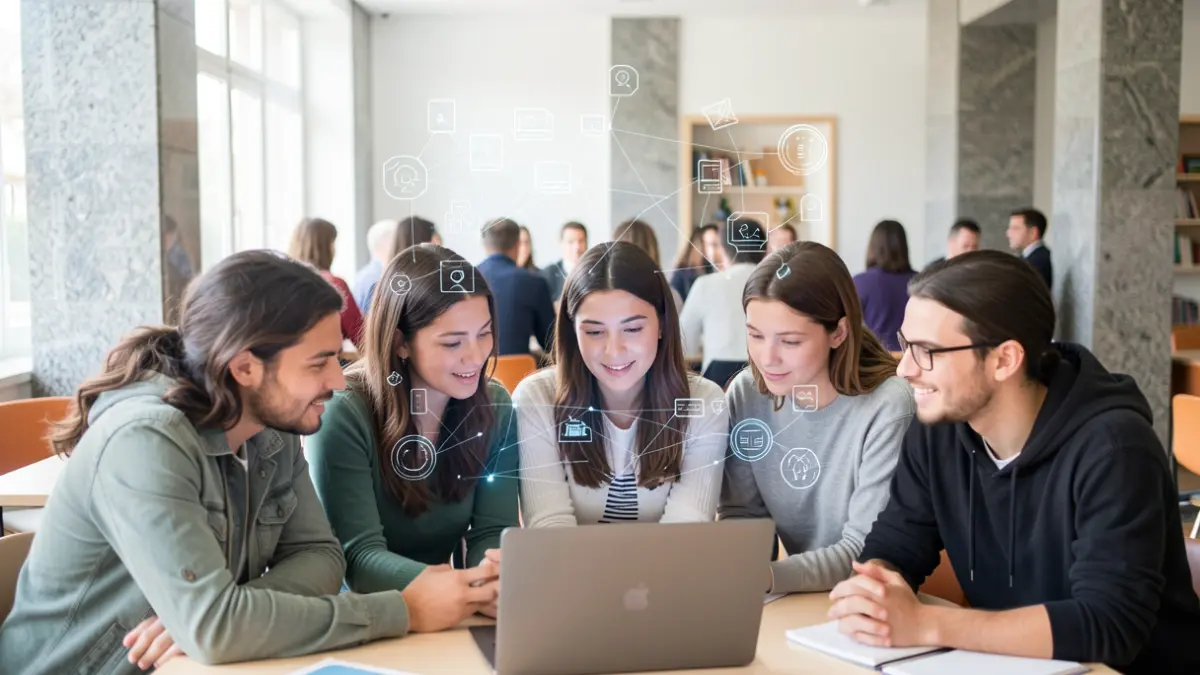 Imagen genérica de padres y adolescentes juntos frente a una pantalla, con elementos digitales y arquitectura gallega.