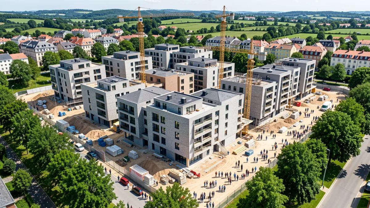 Vista aérea dun complexo residencial moderno en construción na contorna de Lugo, con elementos arquitectónicos galegos.