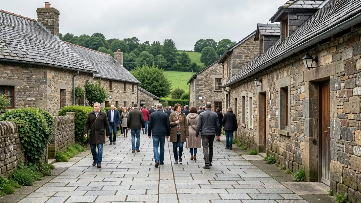Imaxe xenérica dunha rúa rural galega con casas de pedra e pavimento de granito.