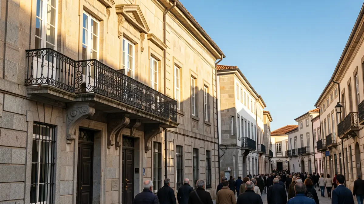 Imagen genérica de un edificio institucional gallego con balcón y luz solar.