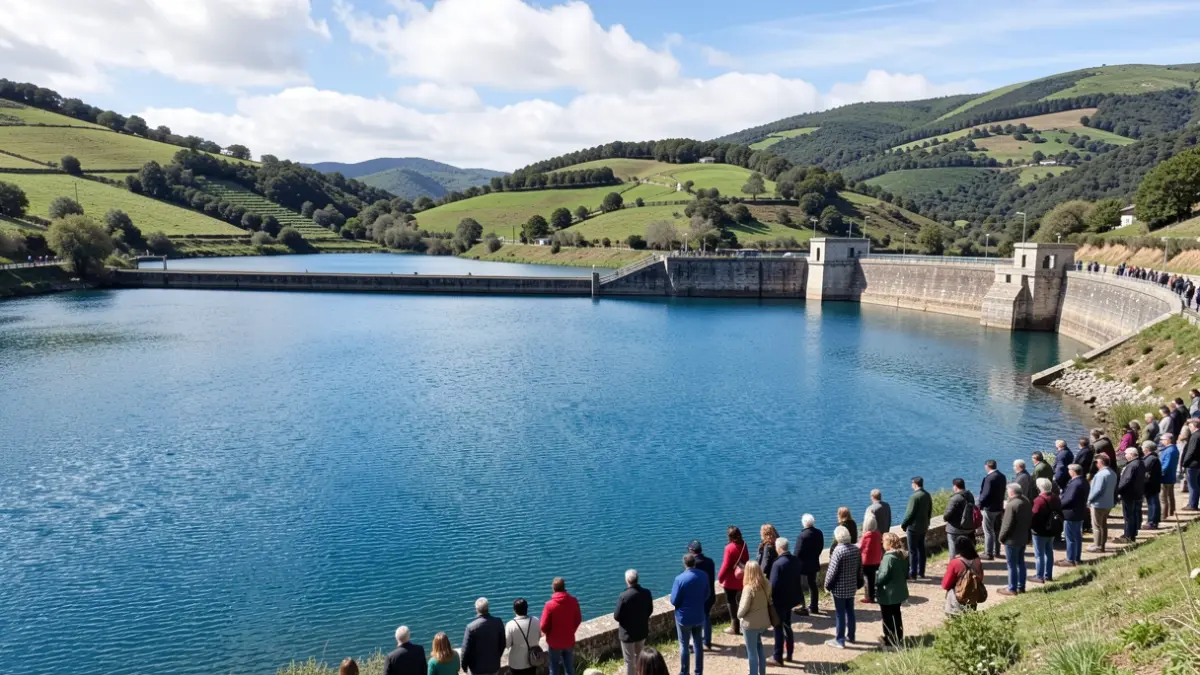 Imaxe xenérica dun encoro galego con auga clara e outeiros verdes.