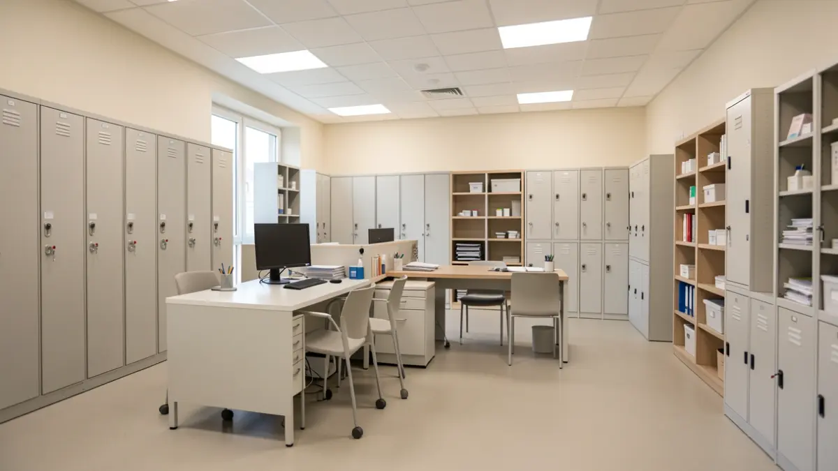 Imaxe xenérica dun interior de centro sanitario con mobiliario de oficina e vestiarios.