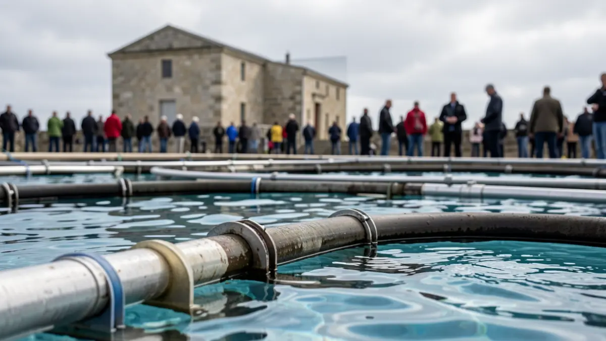 Detalle de una toma de agua marina para una cetárea en Sanxenxo, con tuberías y estructura de granito.