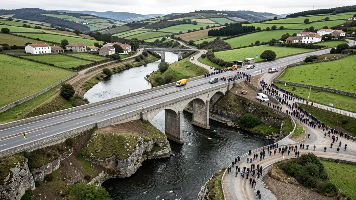 Vista aérea de la construcción de una nueva carretera en el entorno de Ourense, con un viaducto sobre un río y conexiones.