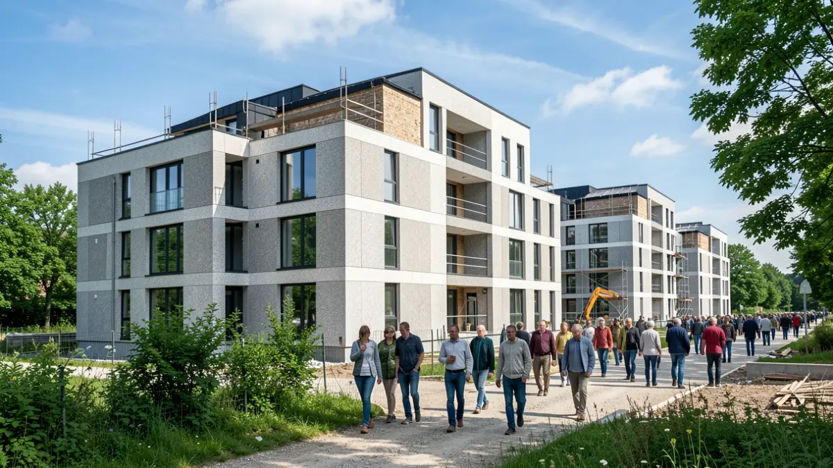 Imaxe xenérica de edificios residenciais en construción en Galicia.