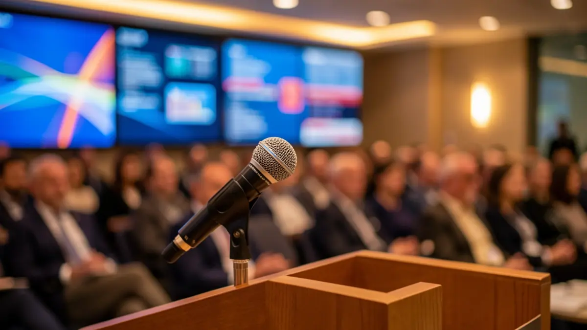 Imaxe xenérica dun micrófono nun atril nunha sala de conferencias moderna.