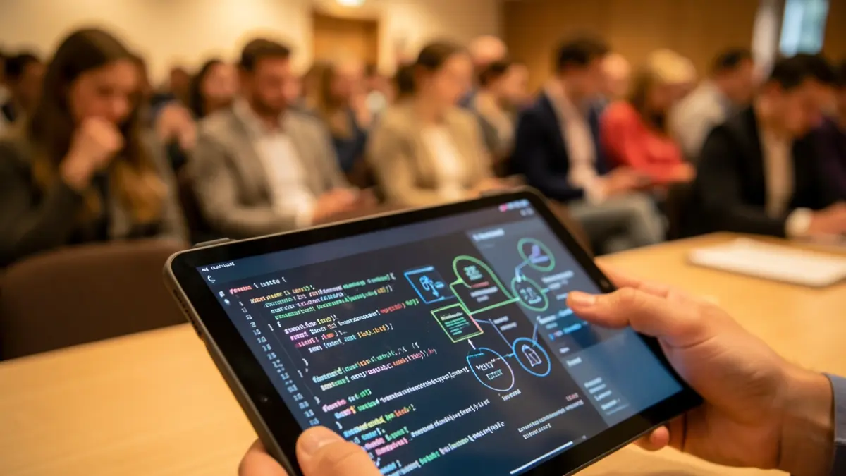 Imagen genérica de una tableta mostrando código y diagramas, con manos de estudiantes al fondo.