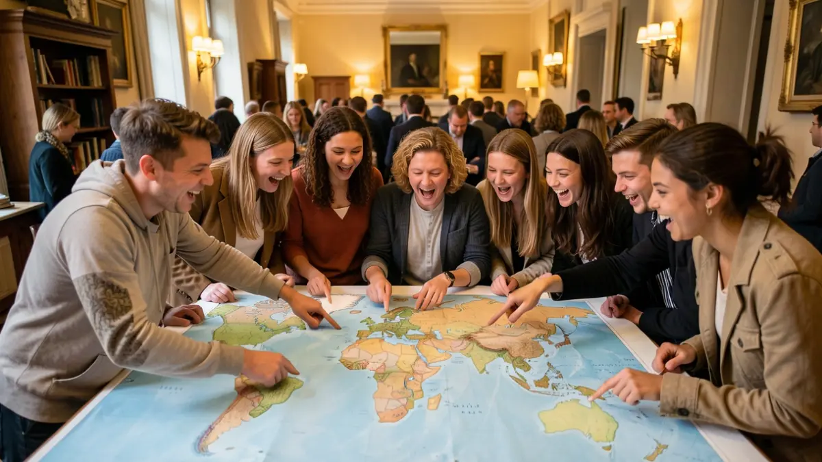 Imaxe xenérica de mozos mirando un mapa do mundo.
