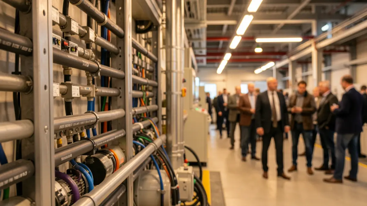 Imaxe xenérica de cables eléctricos industriais e condutos nunha terminal enerxética moderna.