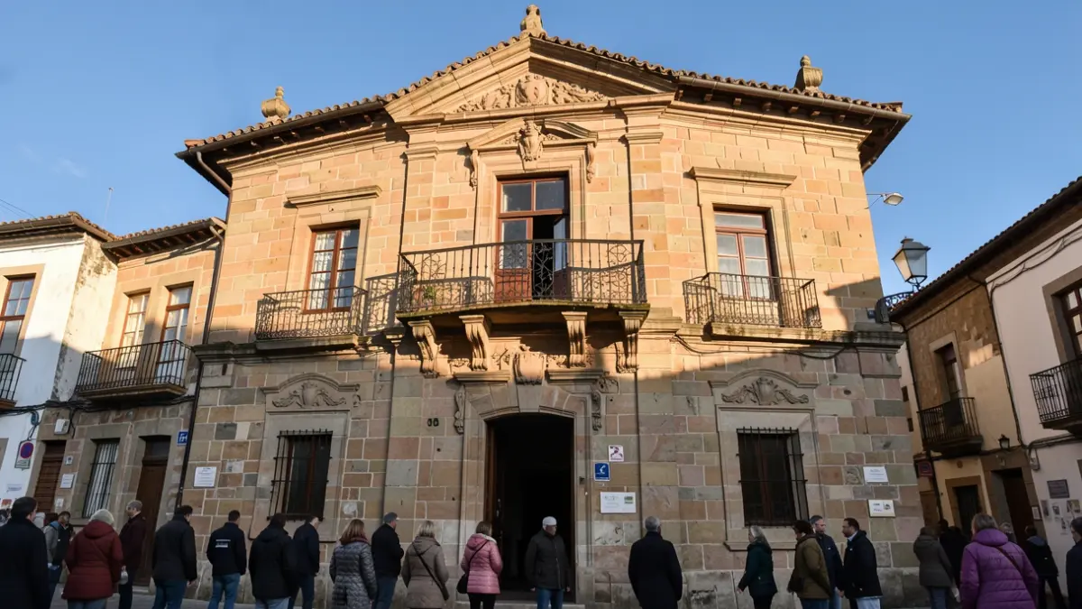 Imaxe xenérica dunha fachada de concello de pedra galego con balcón ornamentado e raís de ferro, luz de tarde cálida.