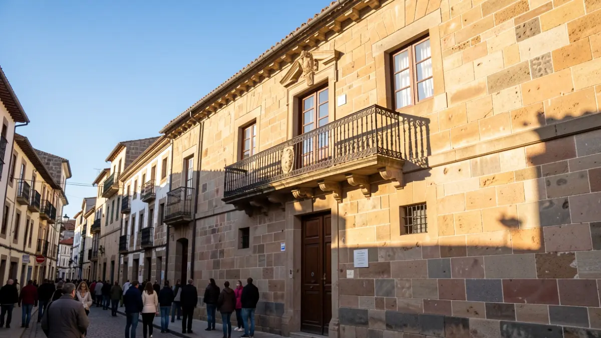 Imaxe xenérica dunha fachada de casa consistorial de pedra galega con balcón ornamentado e raís de ferro, baixo a luz cálida da tarde.